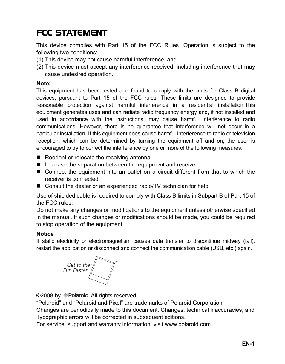 Fcc statement | Polaroid t833 User Manual | Page 2 / 45