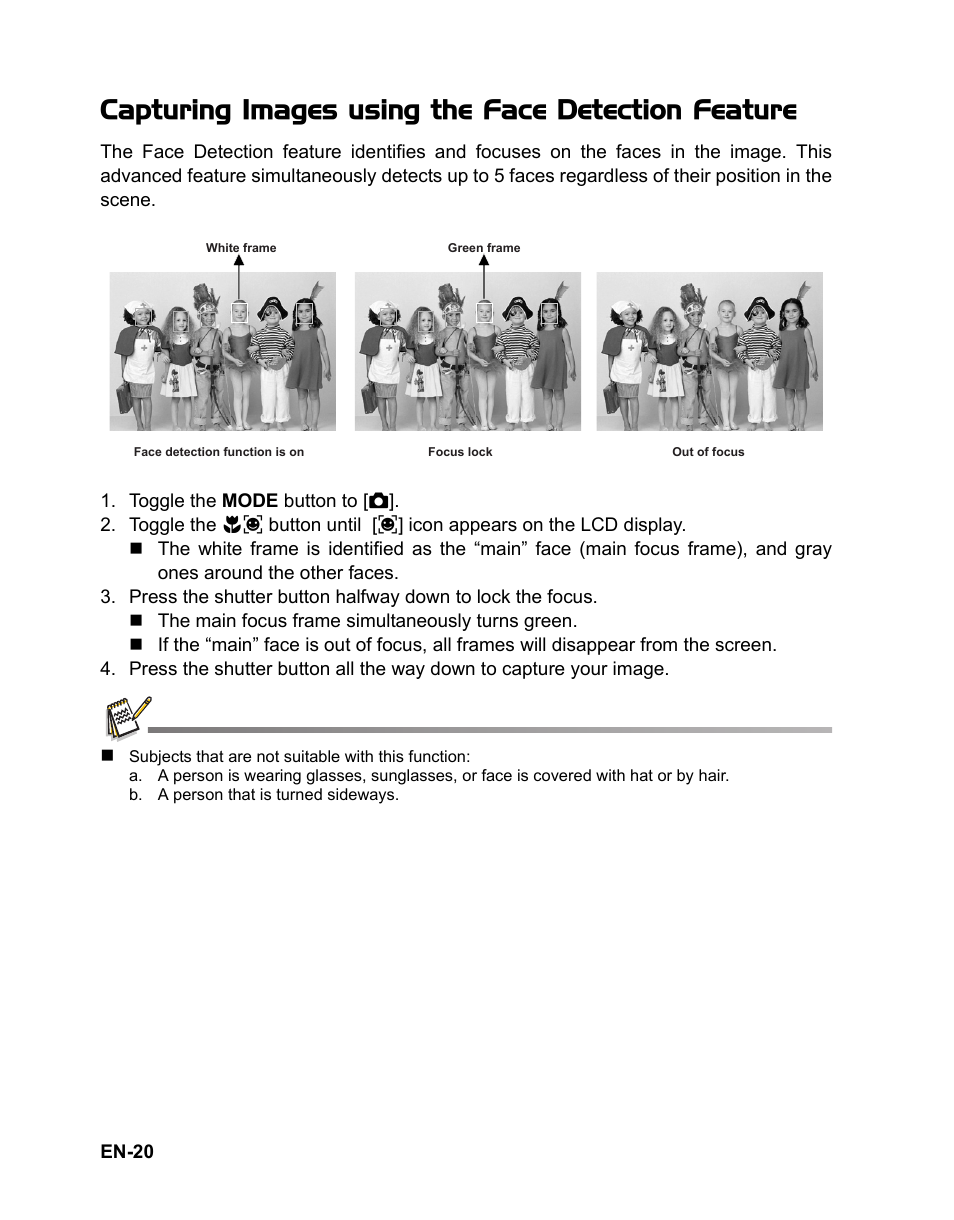 Capturing images using the face detection feature | Polaroid t833 User Manual | Page 21 / 45