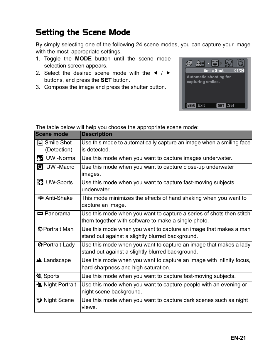 Setting the scene mode | Polaroid t833 User Manual | Page 22 / 45