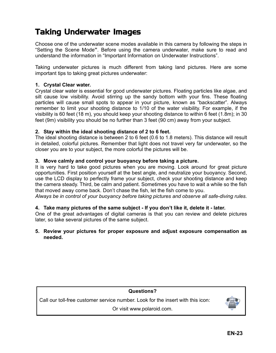 Taking underwater images | Polaroid t833 User Manual | Page 24 / 45