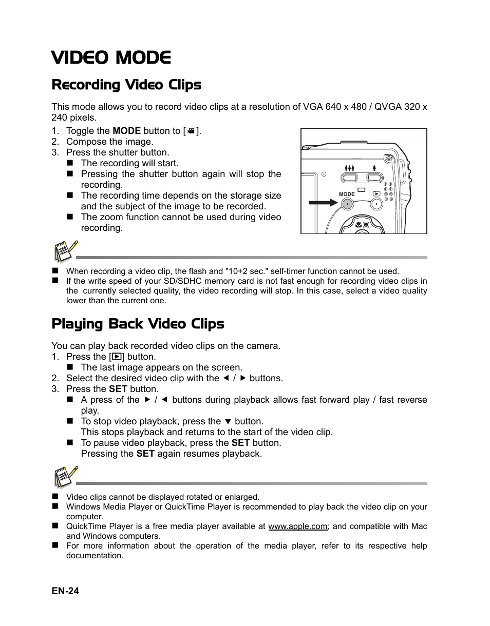 Video mode, Recording video clips, Playing back video clips | Polaroid t833 User Manual | Page 25 / 45