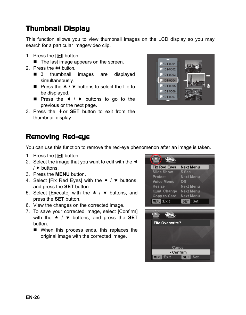 Thumbnail display, Removing red-eye | Polaroid t833 User Manual | Page 27 / 45