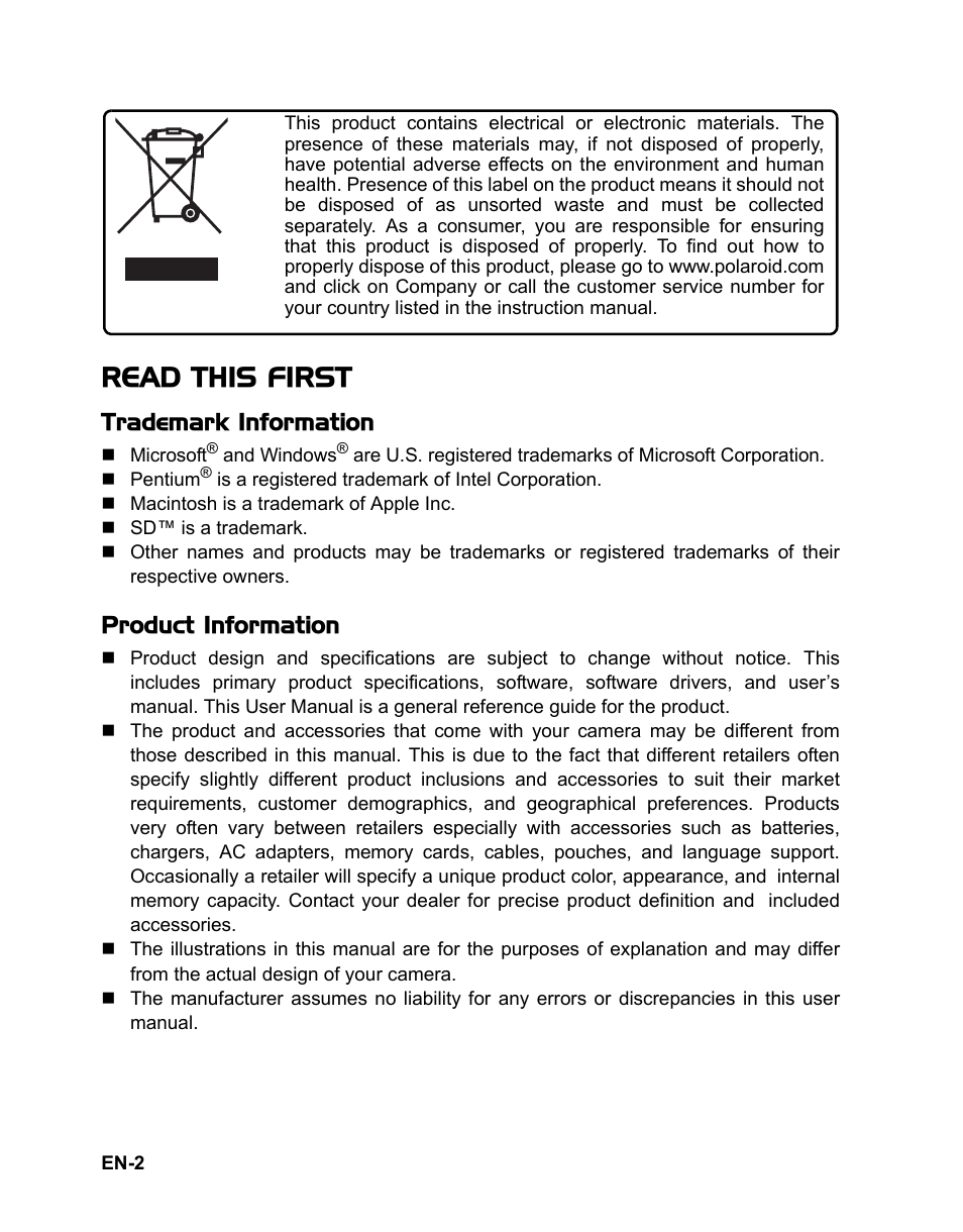 Read this first, Trademark information, Product information | Polaroid t833 User Manual | Page 3 / 45