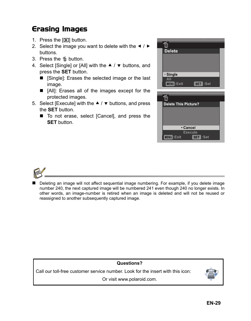 Erasing images | Polaroid t833 User Manual | Page 30 / 45