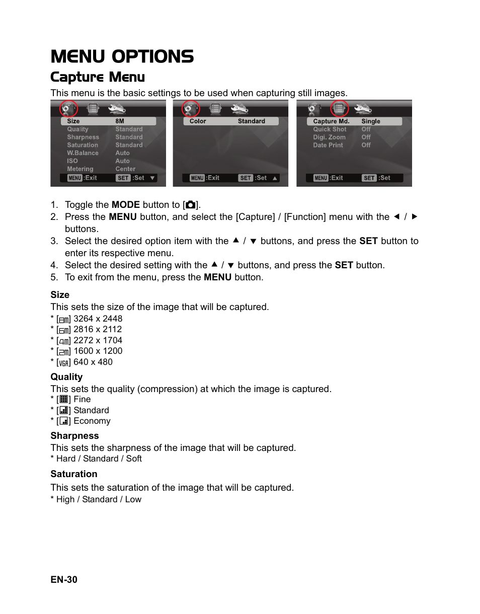 Menu options, Capture menu | Polaroid t833 User Manual | Page 31 / 45