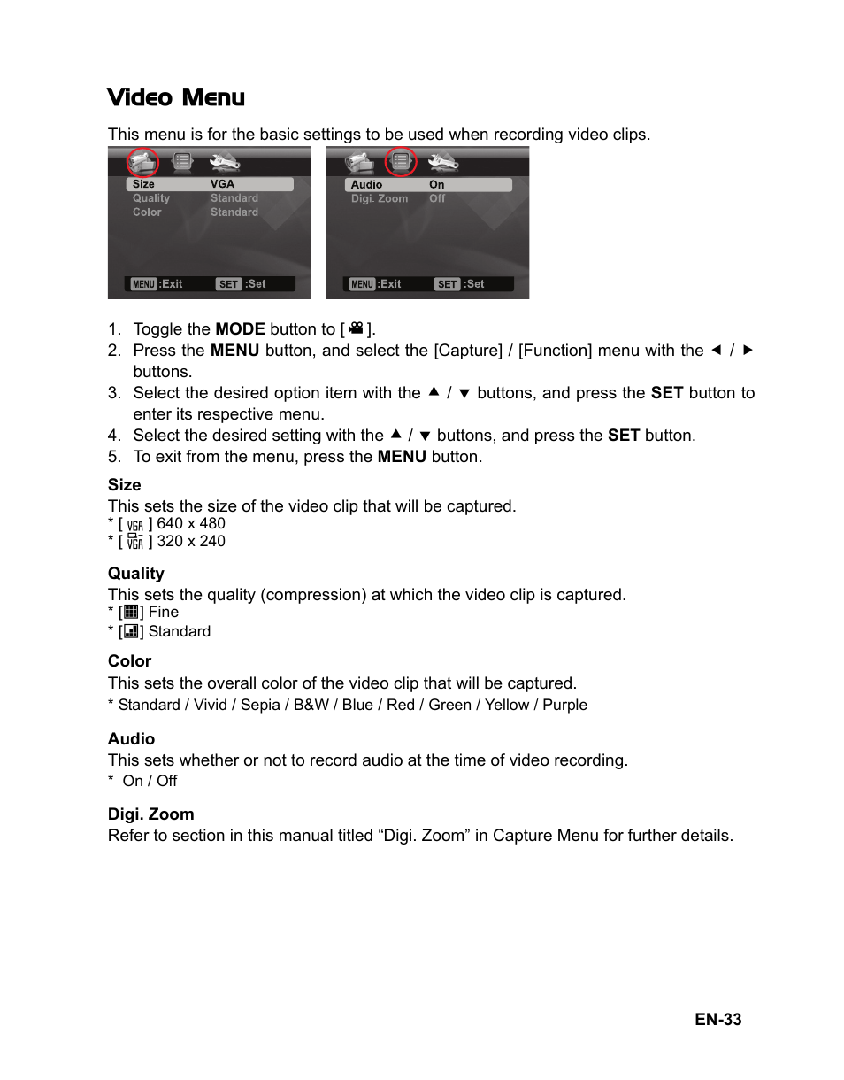 Video menu | Polaroid t833 User Manual | Page 34 / 45