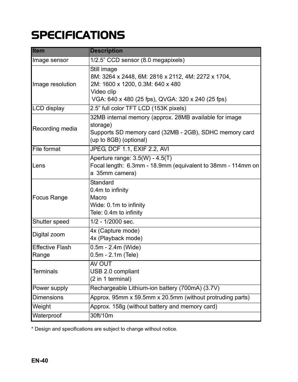 Specifications | Polaroid t833 User Manual | Page 41 / 45