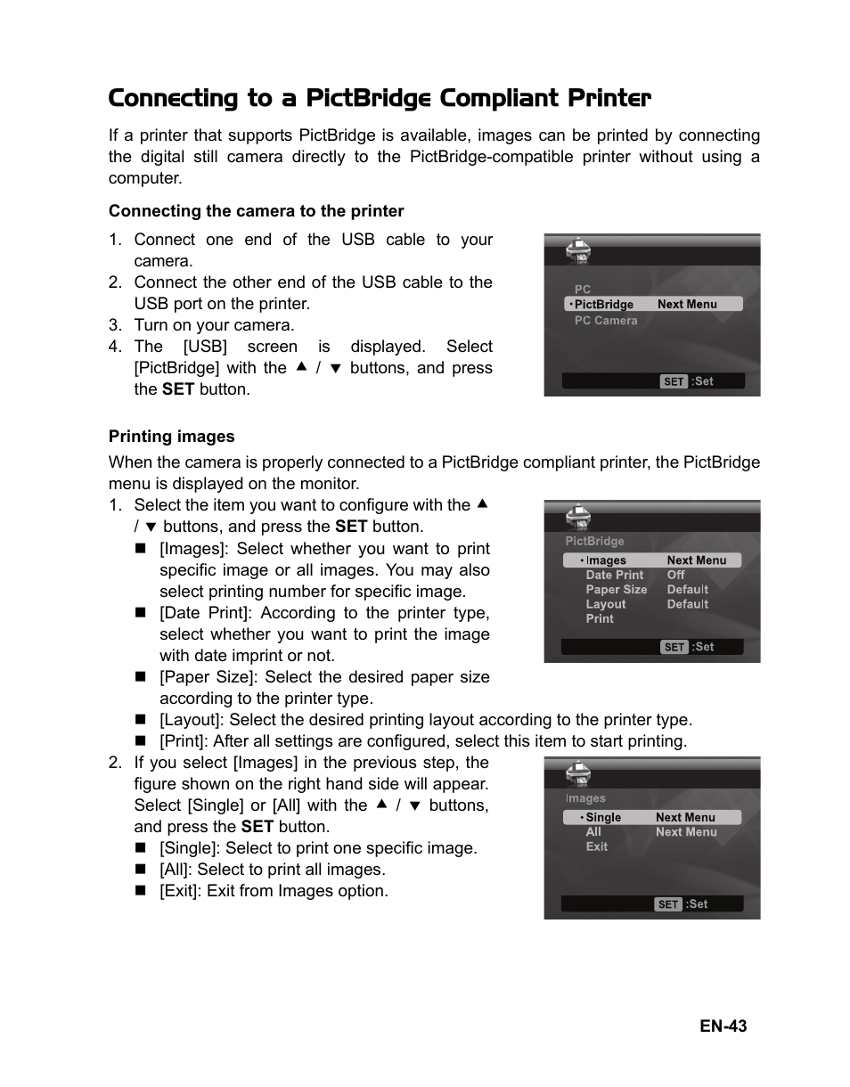 Connecting to a pictbridge compliant printer | Polaroid t833 User Manual | Page 44 / 45