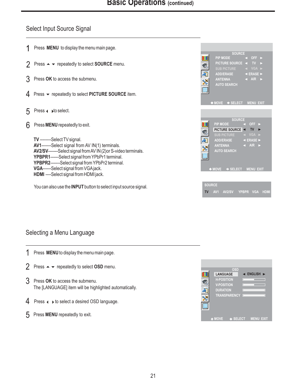 Basic operations, Select input source signal, Selecting a menu language | Polaroid FLM-3225 User Manual | Page 24 / 42