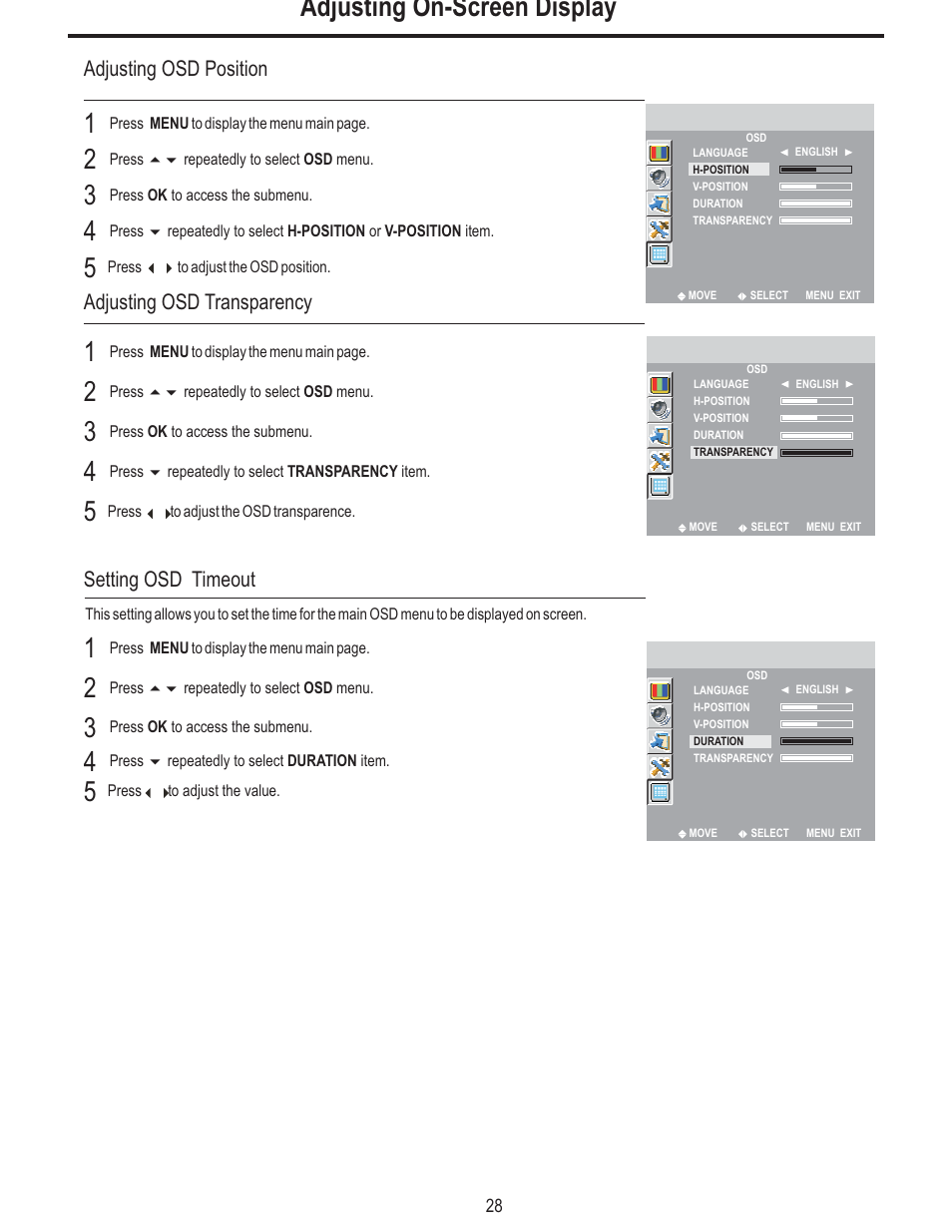 Adjusting on-screen display, Adjusting osd position, Adjusting osd transparency | Setting osd timeout | Polaroid FLM-3225 User Manual | Page 31 / 42