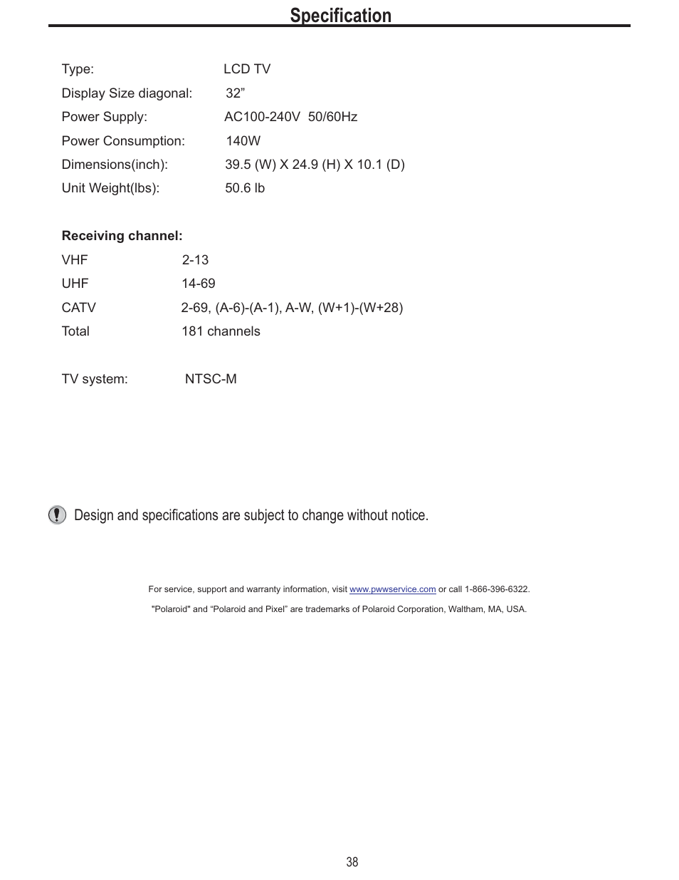 Specification | Polaroid FLM-3225 User Manual | Page 41 / 42