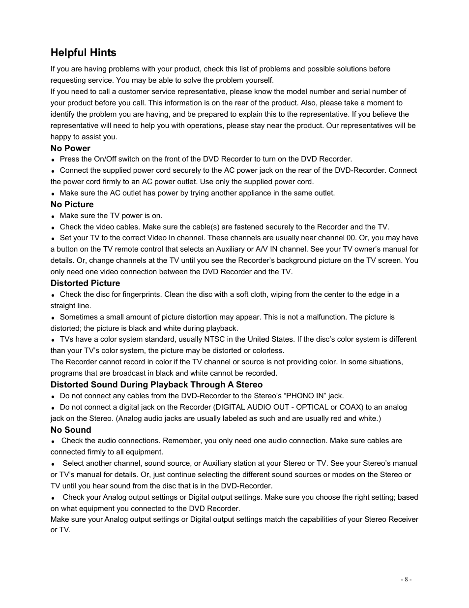 Helpful hints, No power, No picture | Distorted picture, Distorted sound during playback through a stereo, No sound | Polaroid DVR-0800 User Manual | Page 28 / 29