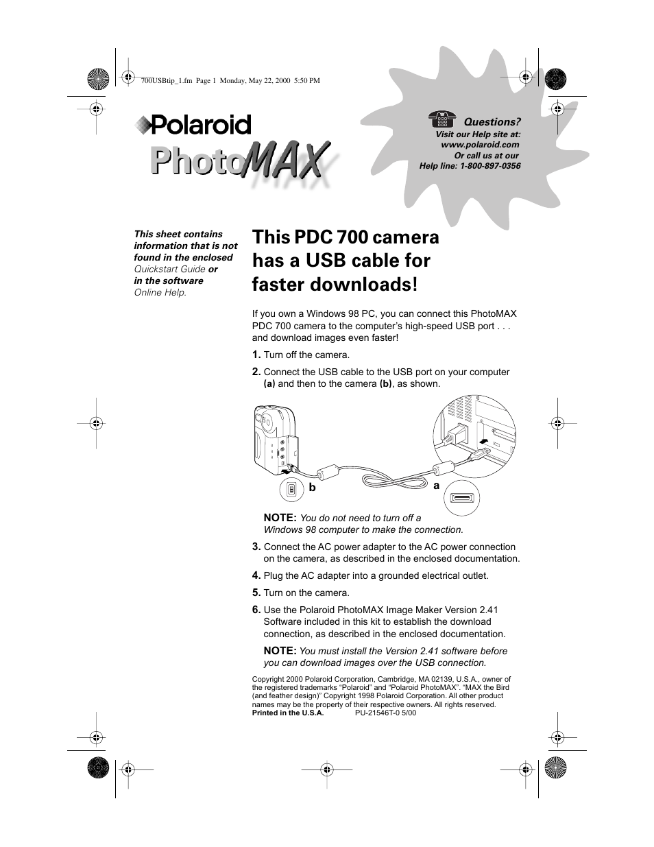 Usb cable | Polaroid PhotoMAX PDC 700 User Manual | Page 2 / 59