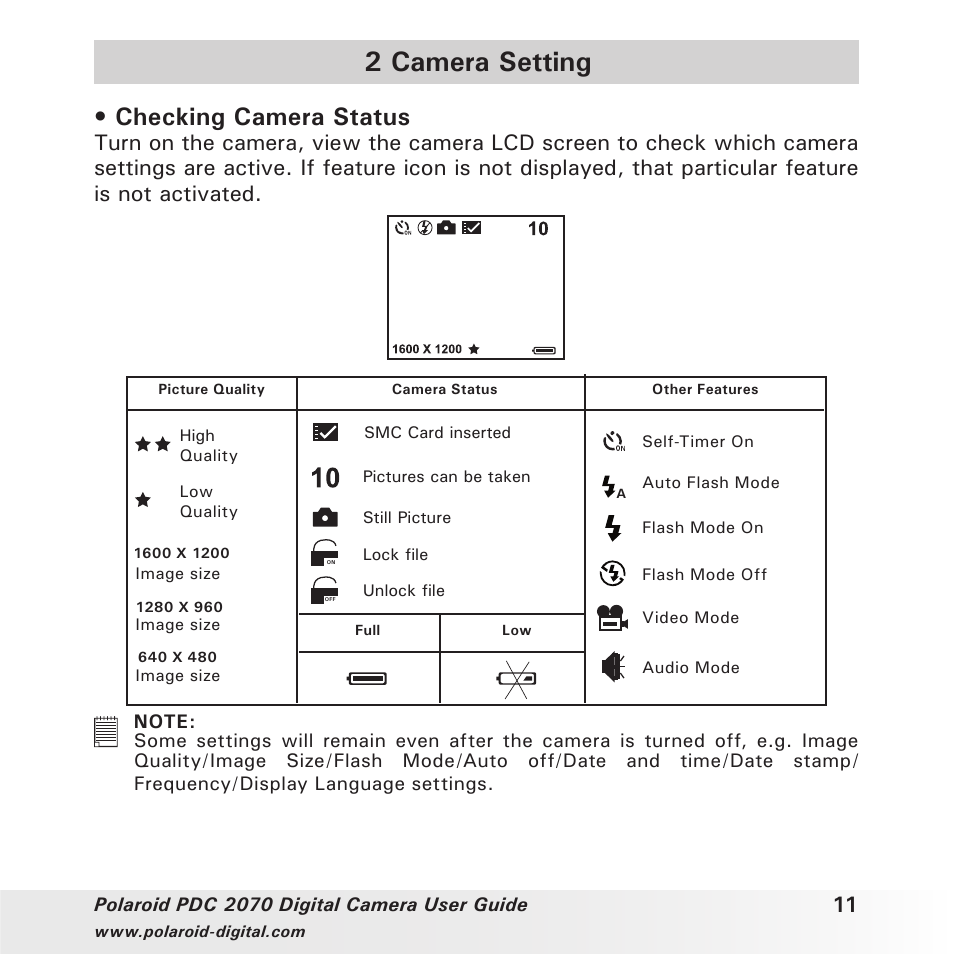 2 camera setting, Checking camera status | Polaroid PhotoMAX PDC 2070 User Manual | Page 11 / 52