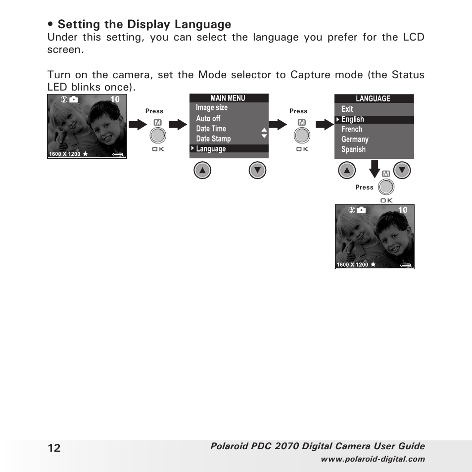 Setting the display language | Polaroid PhotoMAX PDC 2070 User Manual | Page 12 / 52