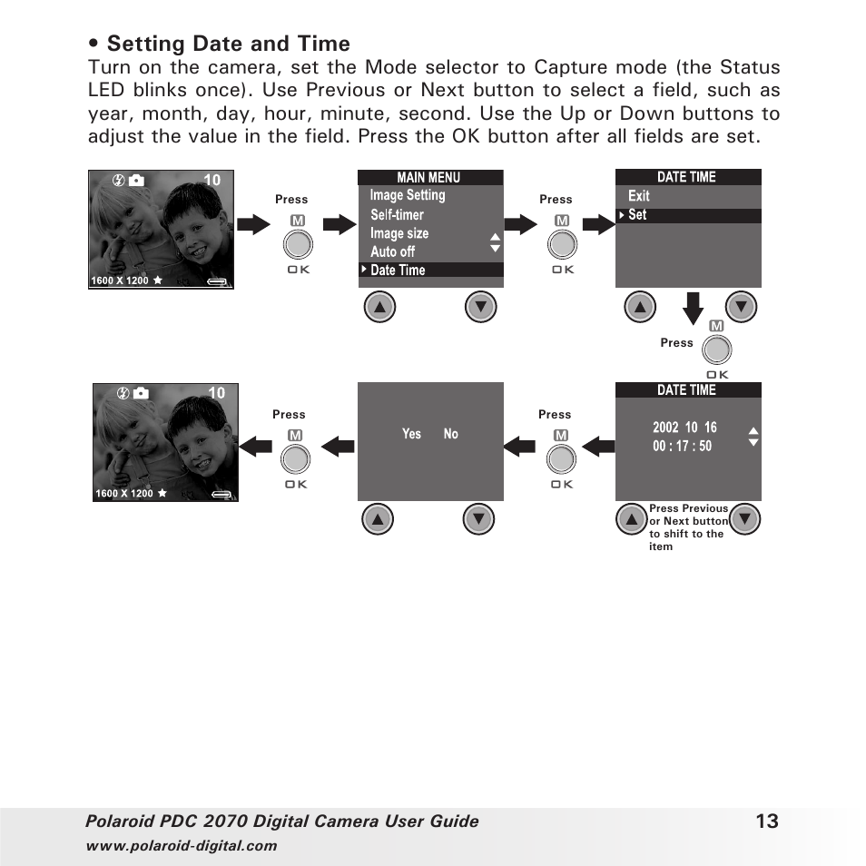 Setting date and time | Polaroid PhotoMAX PDC 2070 User Manual | Page 13 / 52