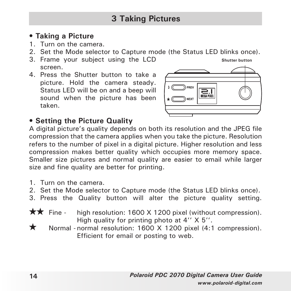 3 taking pictures | Polaroid PhotoMAX PDC 2070 User Manual | Page 14 / 52