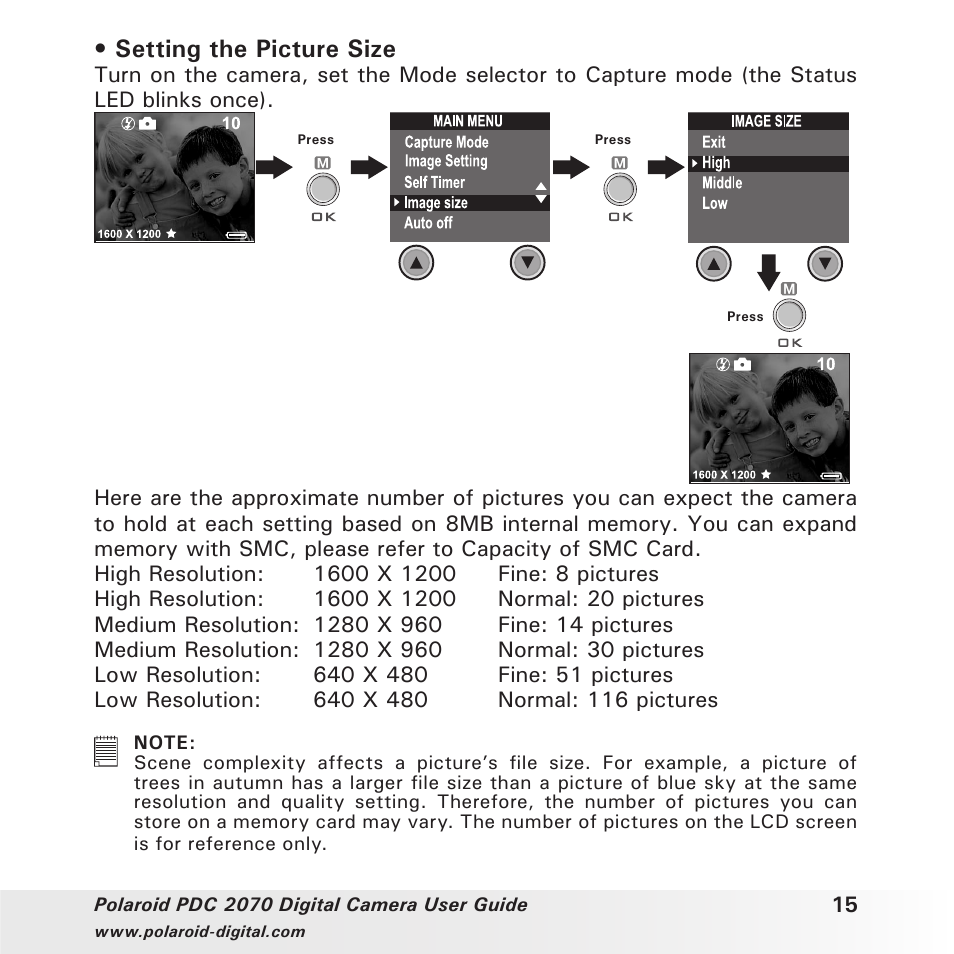 Setting the picture size | Polaroid PhotoMAX PDC 2070 User Manual | Page 15 / 52