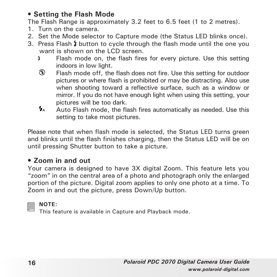 Setting the flash mode, Zoom in and out | Polaroid PhotoMAX PDC 2070 User Manual | Page 16 / 52