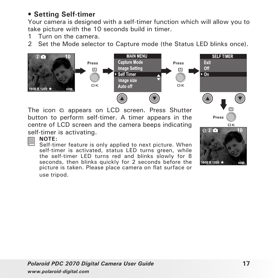 Setting self-timer | Polaroid PhotoMAX PDC 2070 User Manual | Page 17 / 52