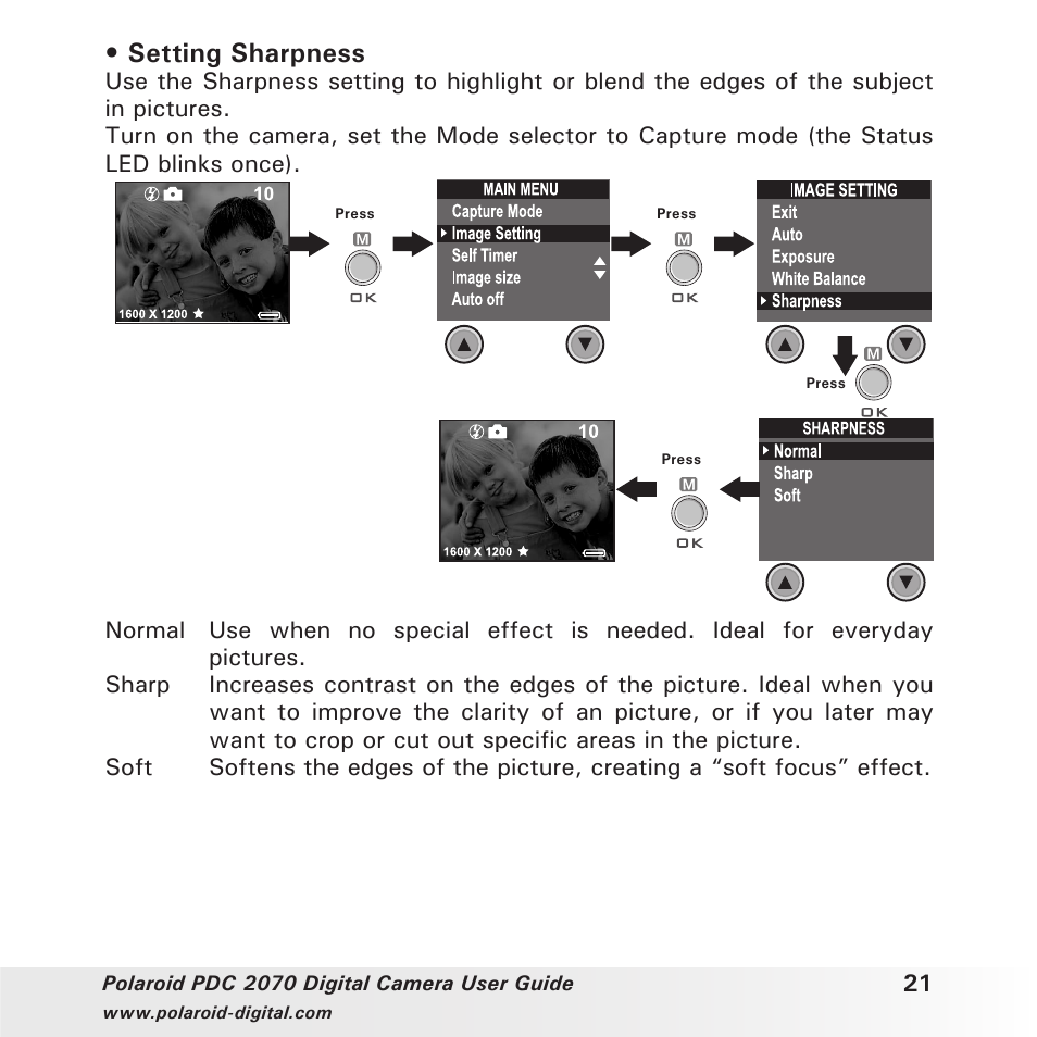 Setting sharpness | Polaroid PhotoMAX PDC 2070 User Manual | Page 21 / 52