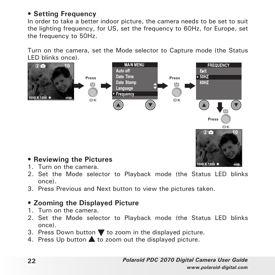 Setting frequency, Reviewing the pictures, Zooming the displayed picture | Polaroid PhotoMAX PDC 2070 User Manual | Page 22 / 52