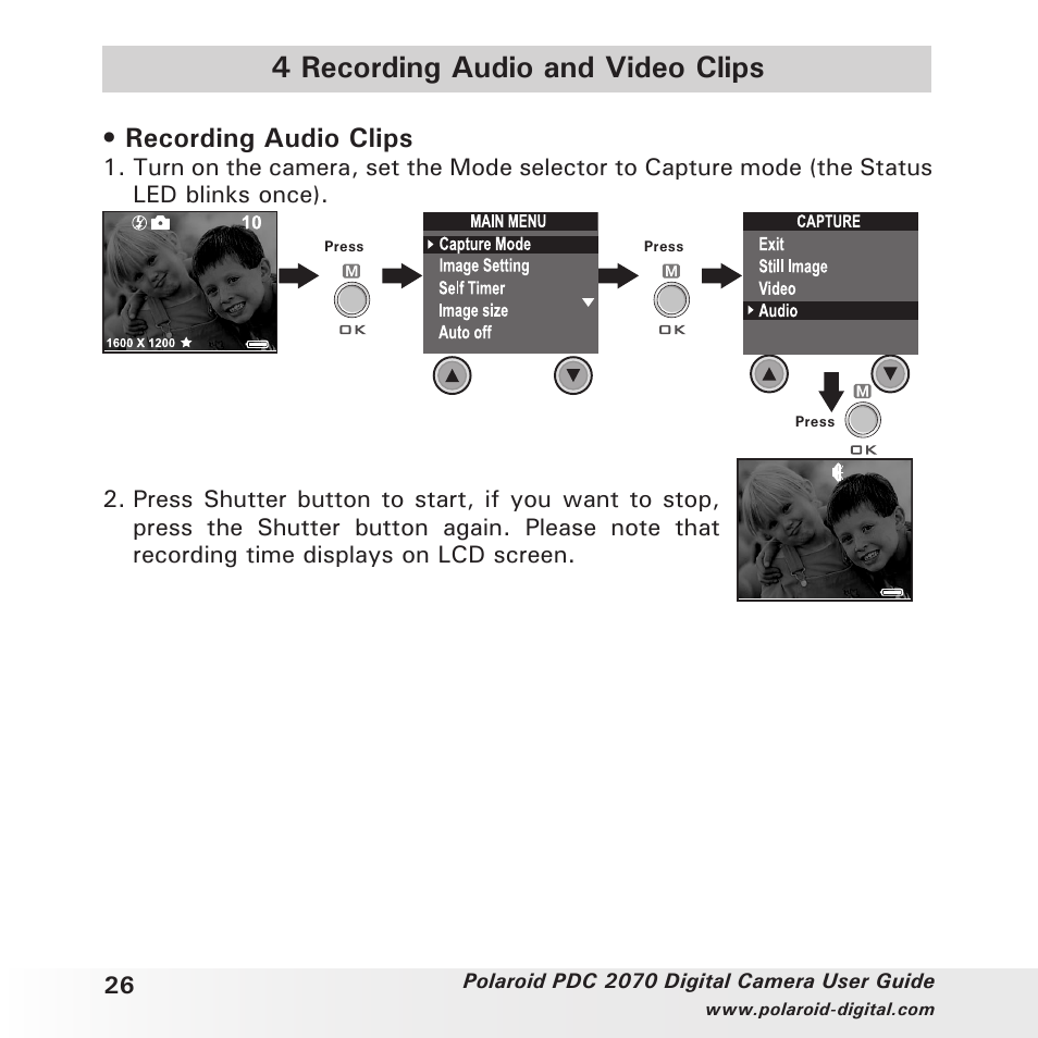 4 recording audio and video clips, Recording audio clips | Polaroid PhotoMAX PDC 2070 User Manual | Page 26 / 52