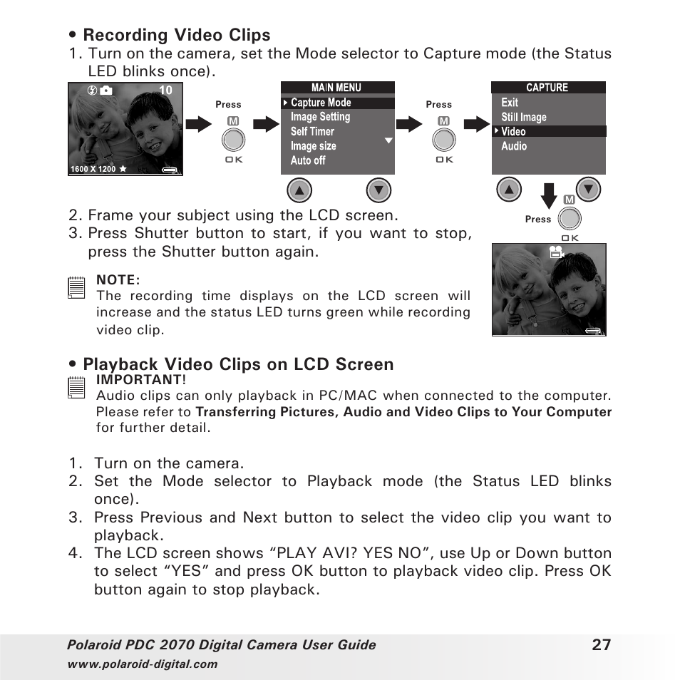 Recording video clips, Playback video clips on lcd screen | Polaroid PhotoMAX PDC 2070 User Manual | Page 27 / 52