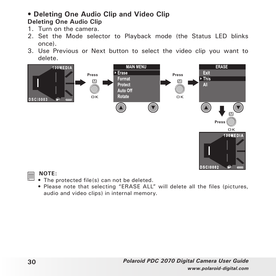 Deleting one audio clip and video clip | Polaroid PhotoMAX PDC 2070 User Manual | Page 30 / 52