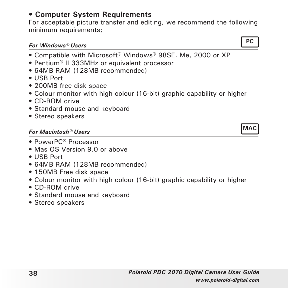 Computer system requirements | Polaroid PhotoMAX PDC 2070 User Manual | Page 38 / 52