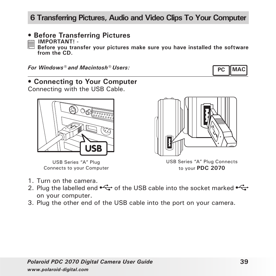 Before transferring pictures, Connecting to your computer | Polaroid PhotoMAX PDC 2070 User Manual | Page 39 / 52