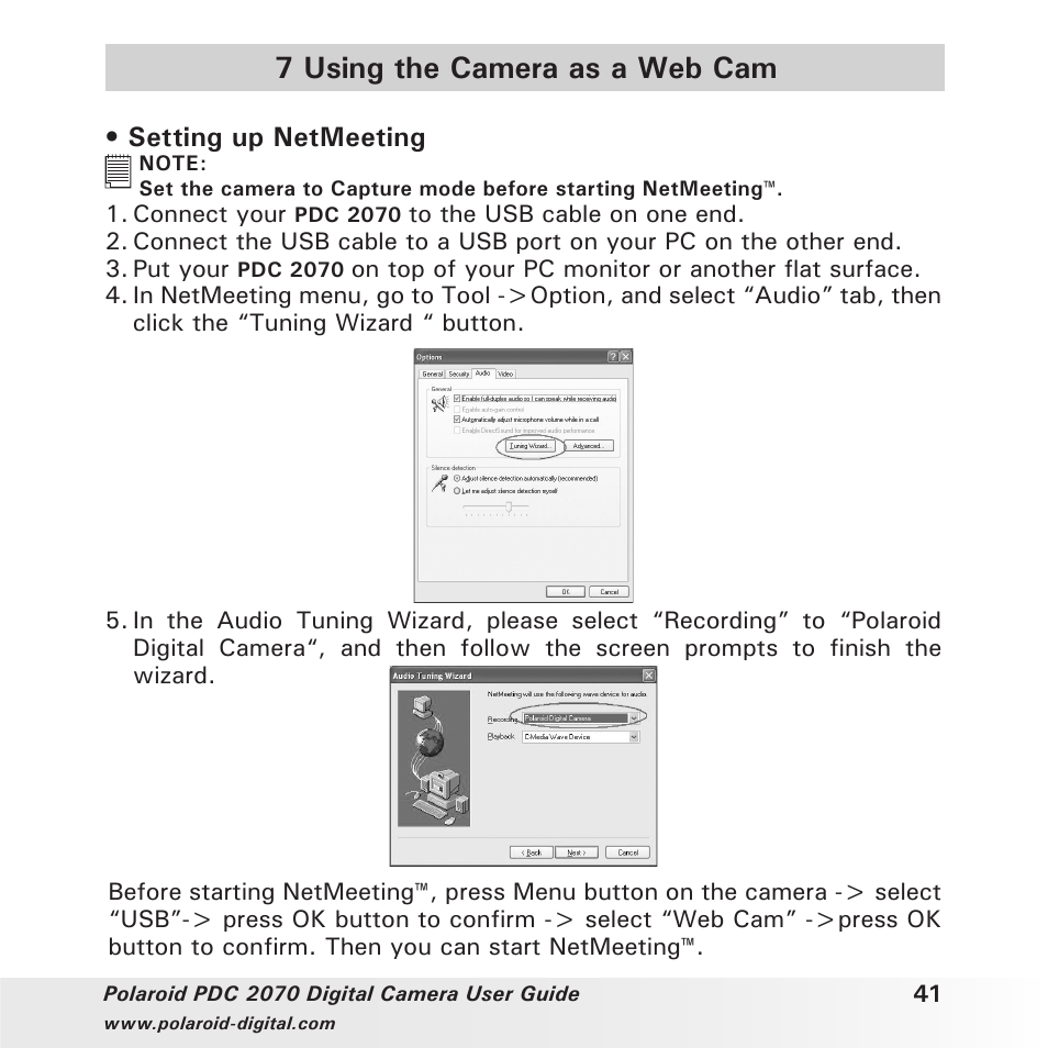 7 using the camera as a web cam, Setting up netmeeting | Polaroid PhotoMAX PDC 2070 User Manual | Page 41 / 52