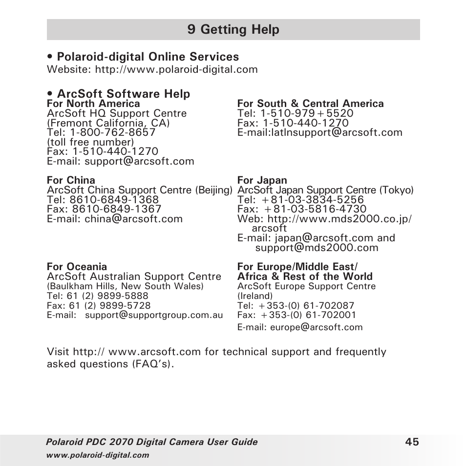 9 getting help, Polaroid-digital online services, Arcsoft software help | Polaroid PhotoMAX PDC 2070 User Manual | Page 45 / 52