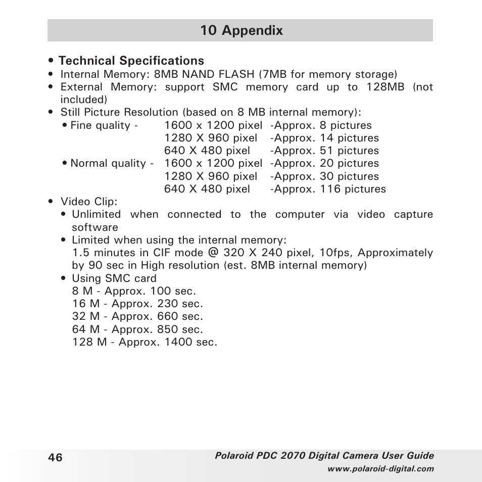 10 appendix | Polaroid PhotoMAX PDC 2070 User Manual | Page 46 / 52