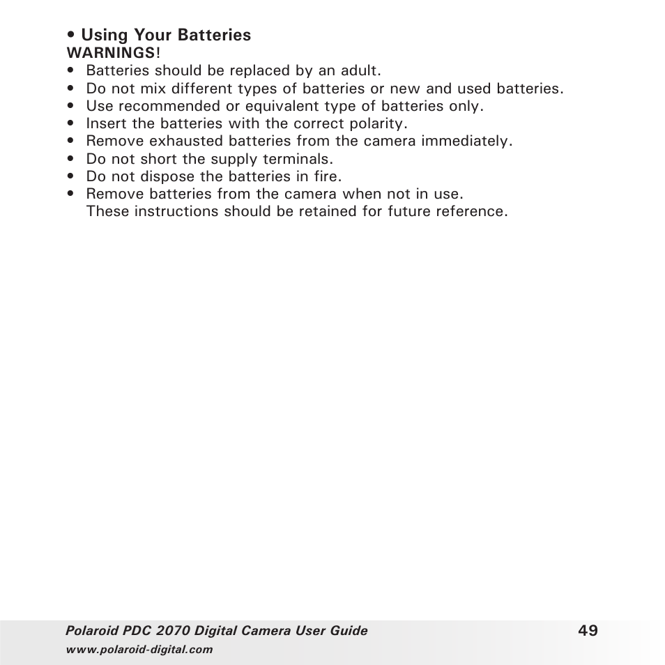 Using your batteries | Polaroid PhotoMAX PDC 2070 User Manual | Page 49 / 52