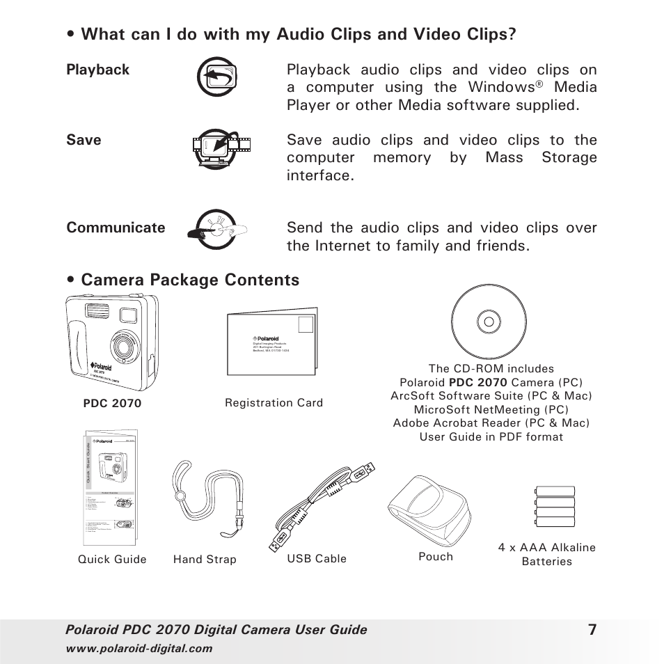 What can i do with my audio clips and video clips, Camera package contents, Polaroid pdc 2070 digital camera user guide | Polaroid PhotoMAX PDC 2070 User Manual | Page 7 / 52