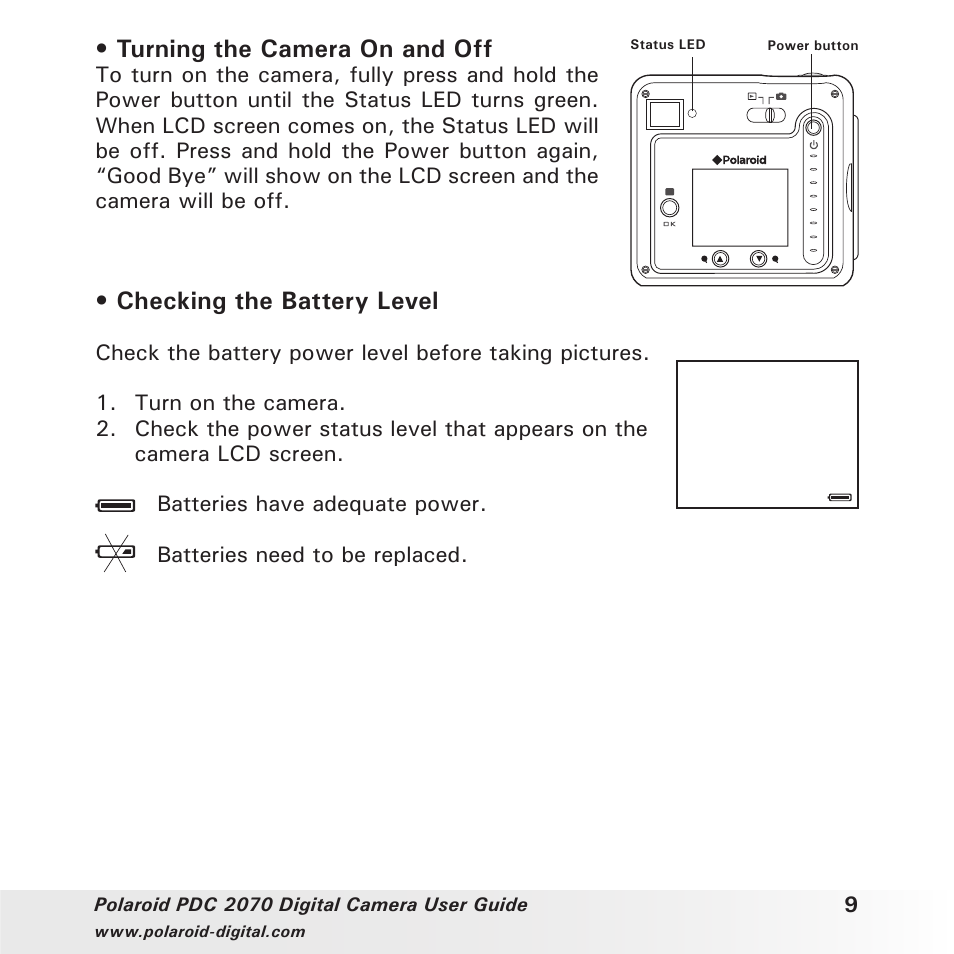 Turning the camera on and off, Checking the battery level | Polaroid PhotoMAX PDC 2070 User Manual | Page 9 / 52