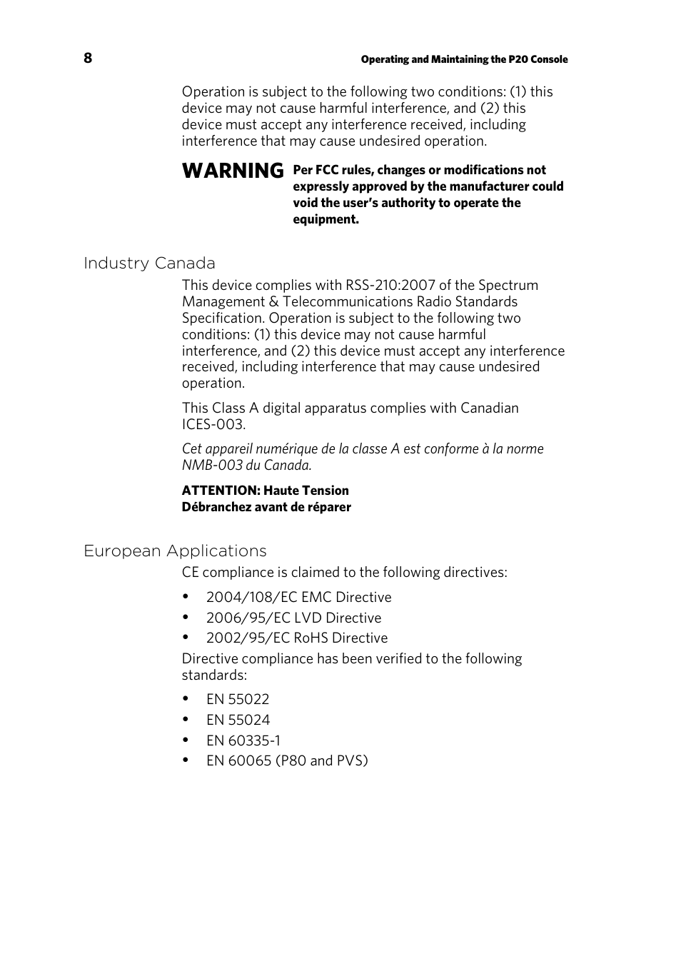 Industry canada, European applications, Warning | Precor 300753-201 User Manual | Page 10 / 96