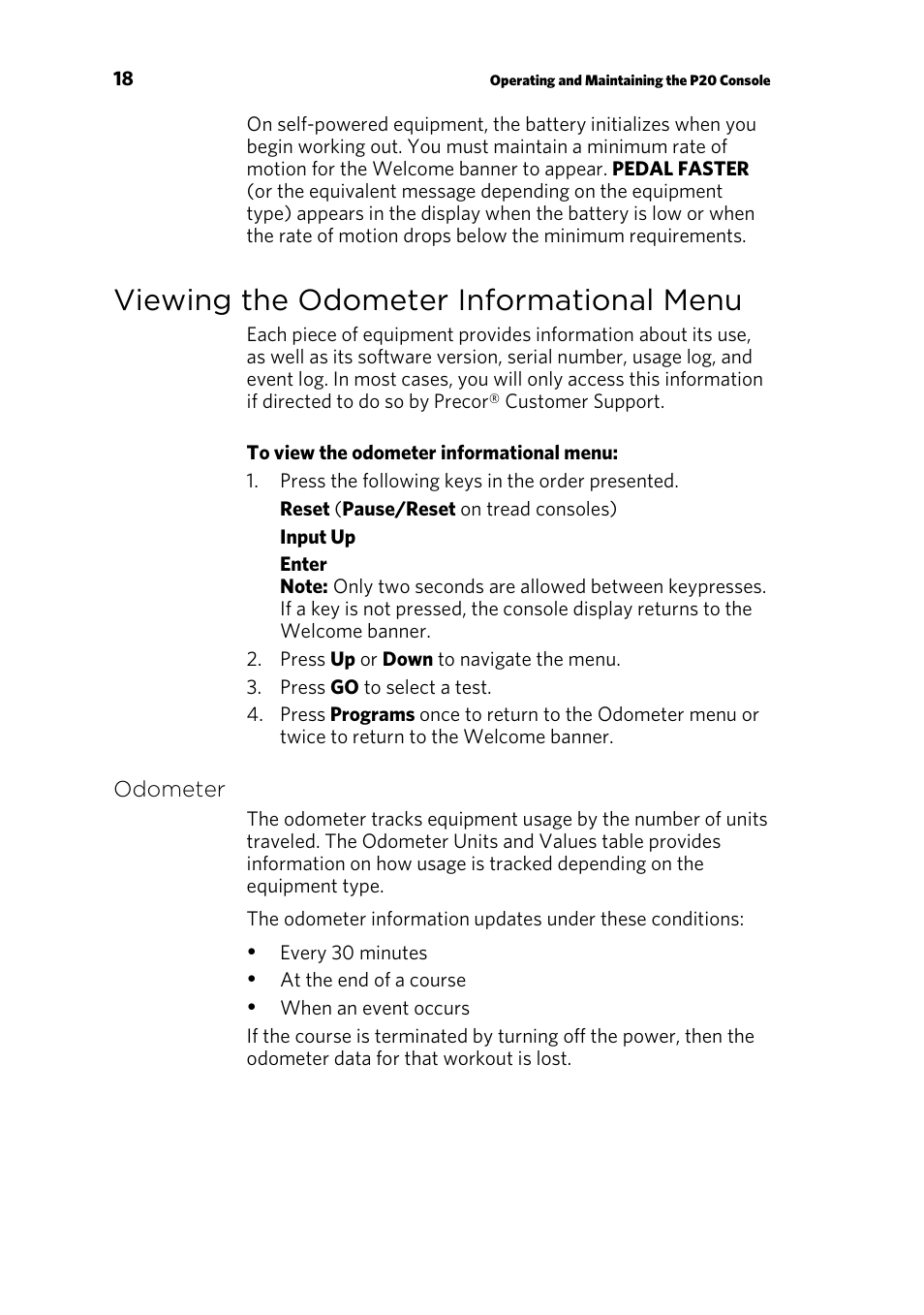 Viewing the odometer informational menu, Odometer | Precor 300753-201 User Manual | Page 20 / 96