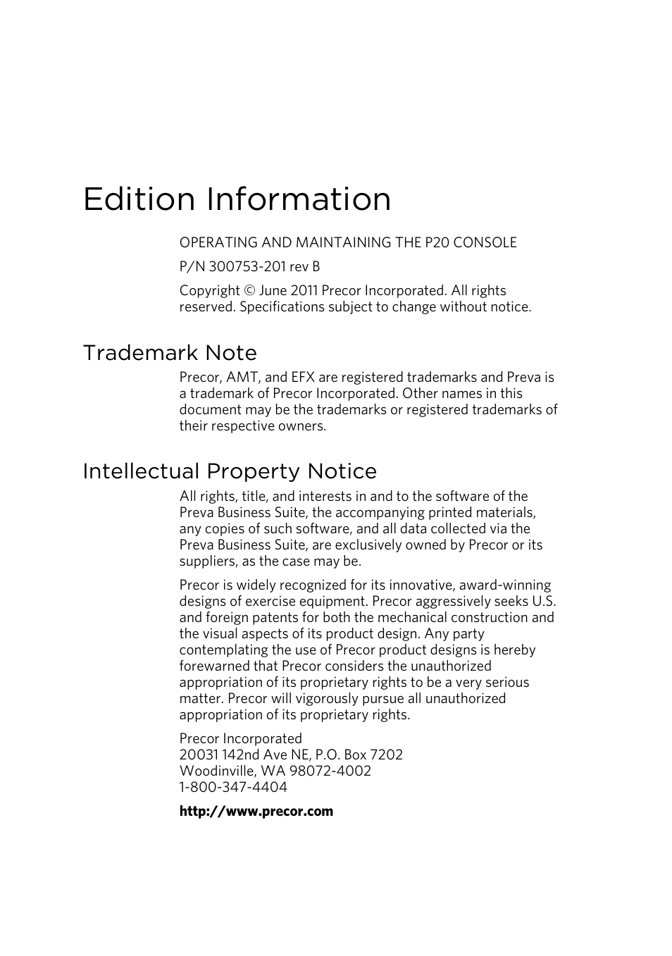Edition information, Trademark note, Intellectual property notice | Precor 300753-201 User Manual | Page 4 / 96