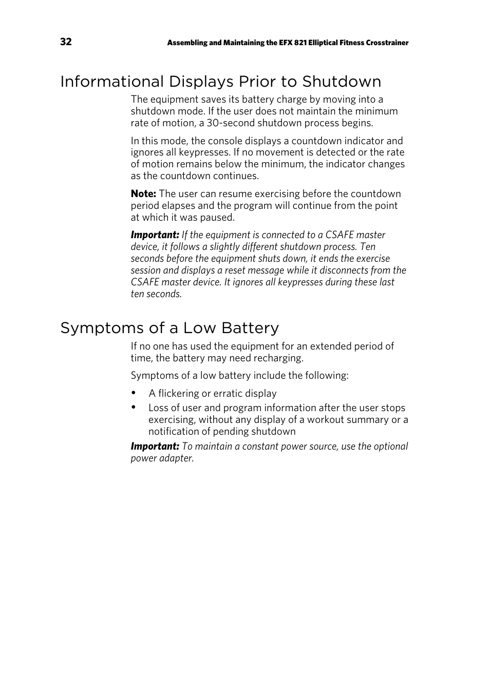 Informational displays prior to shutdown, Symptoms of a low battery | Precor 300753-201 User Manual | Page 82 / 96