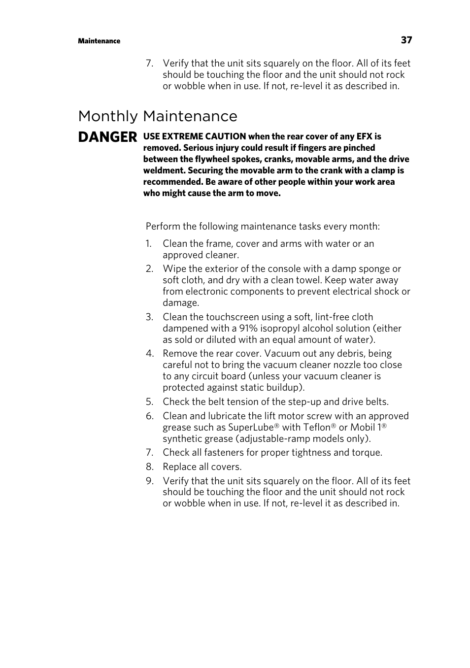 Monthly maintenance, Monthly maintenance danger | Precor 300753-201 User Manual | Page 87 / 96