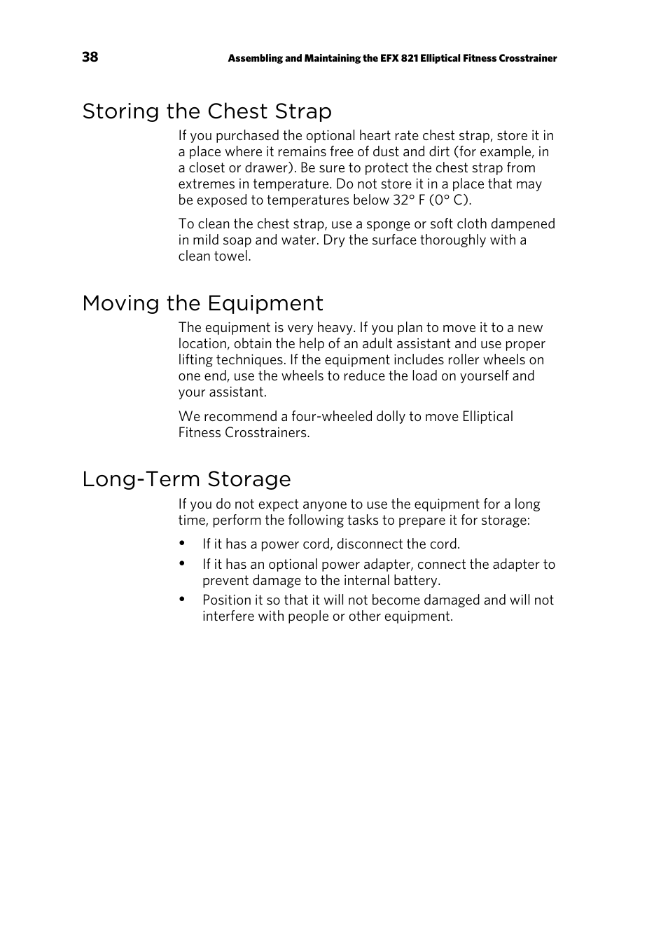 Storing the chest strap, Moving the equipment, Long-term storage | Precor 300753-201 User Manual | Page 88 / 96