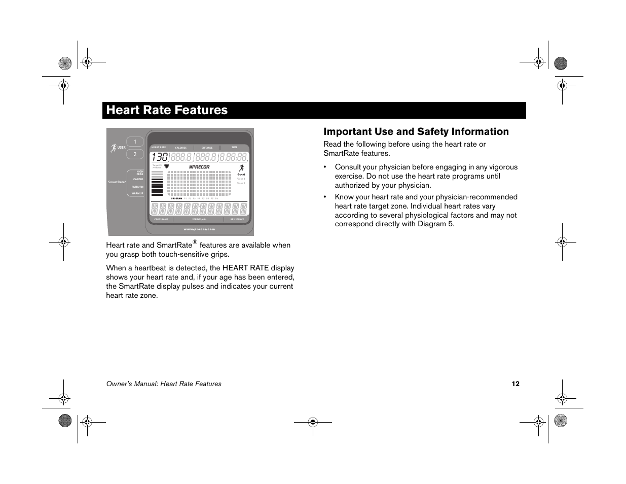 Heart rate features, Important use and safety information | Precor EFX 5.25 User Manual | Page 14 / 56