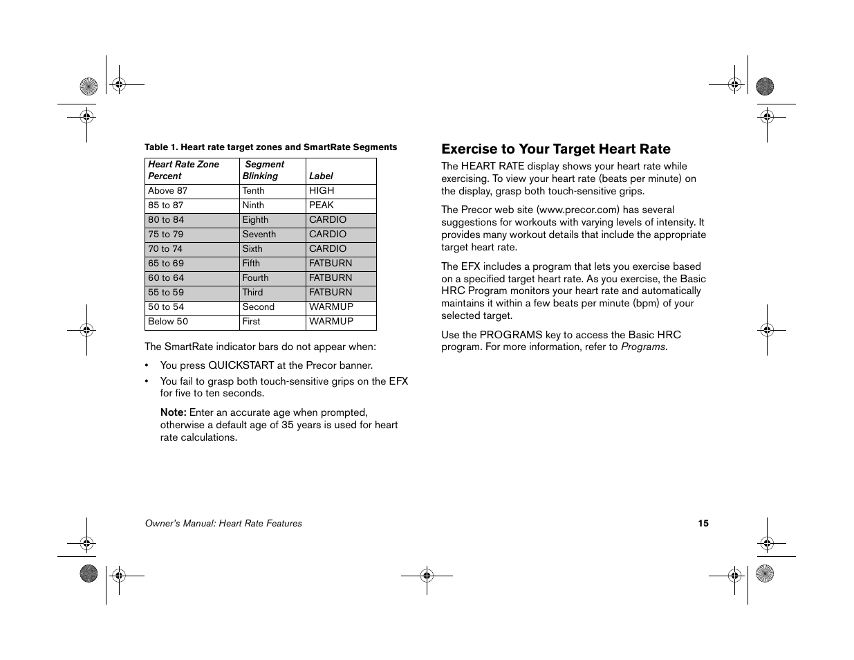 Exercise to your target heart rate | Precor EFX 5.25 User Manual | Page 17 / 56