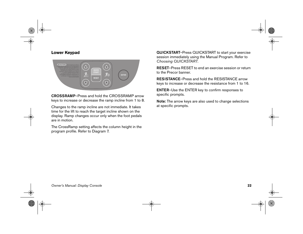 Lower keypad, Owner’s manual: display console 22 | Precor EFX 5.25 User Manual | Page 24 / 56