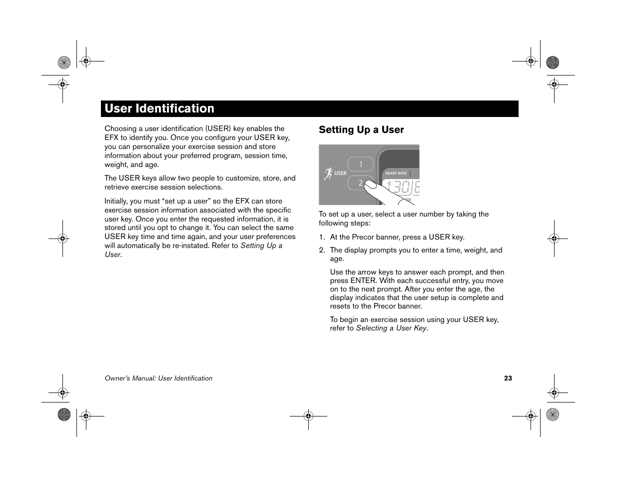 User identification, Setting up a user | Precor EFX 5.25 User Manual | Page 25 / 56