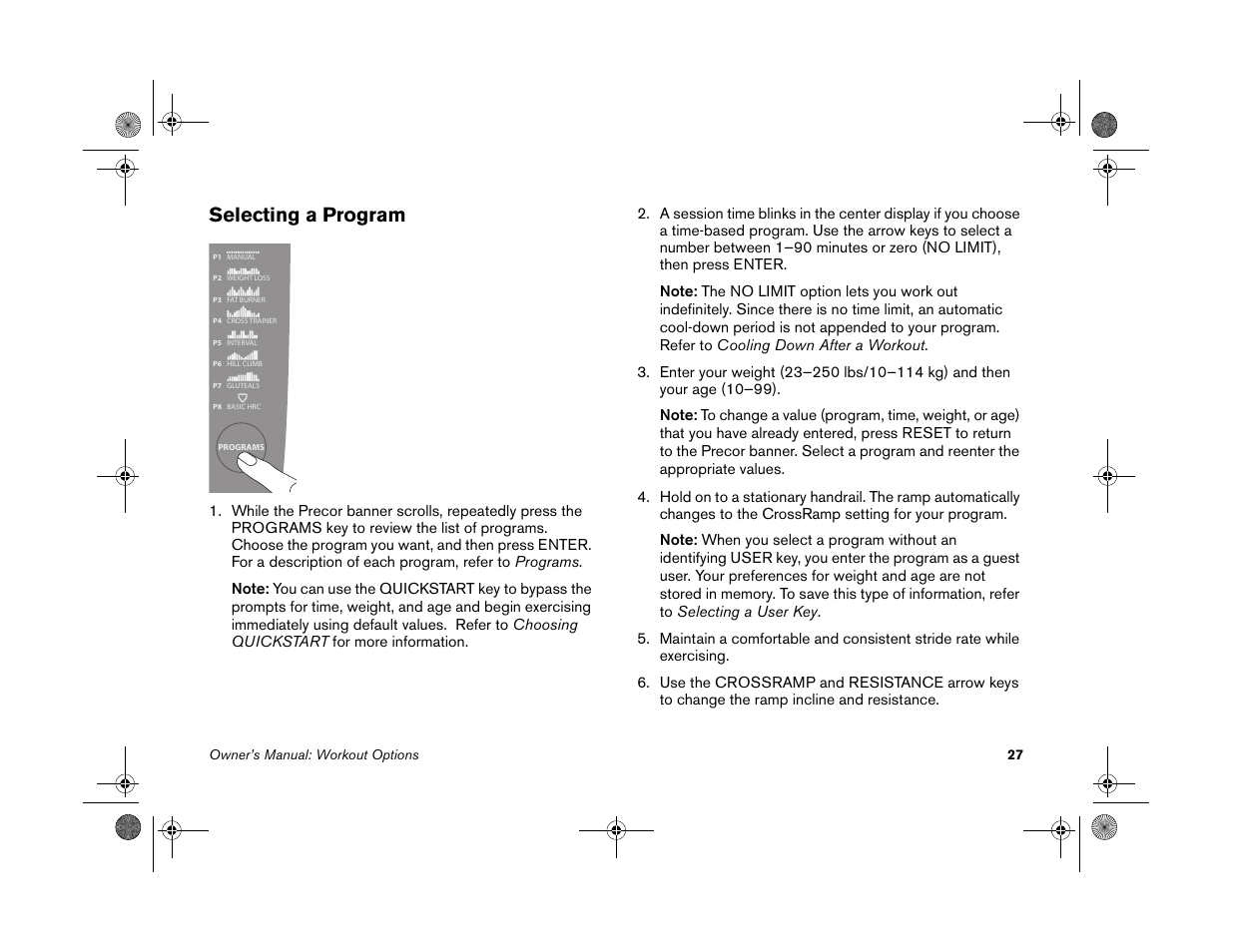 Selecting a program | Precor EFX 5.25 User Manual | Page 29 / 56