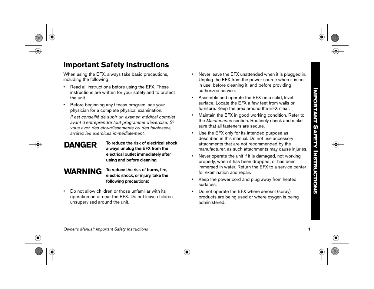 Important safety instructions, Danger warning | Precor EFX 5.25 User Manual | Page 3 / 56