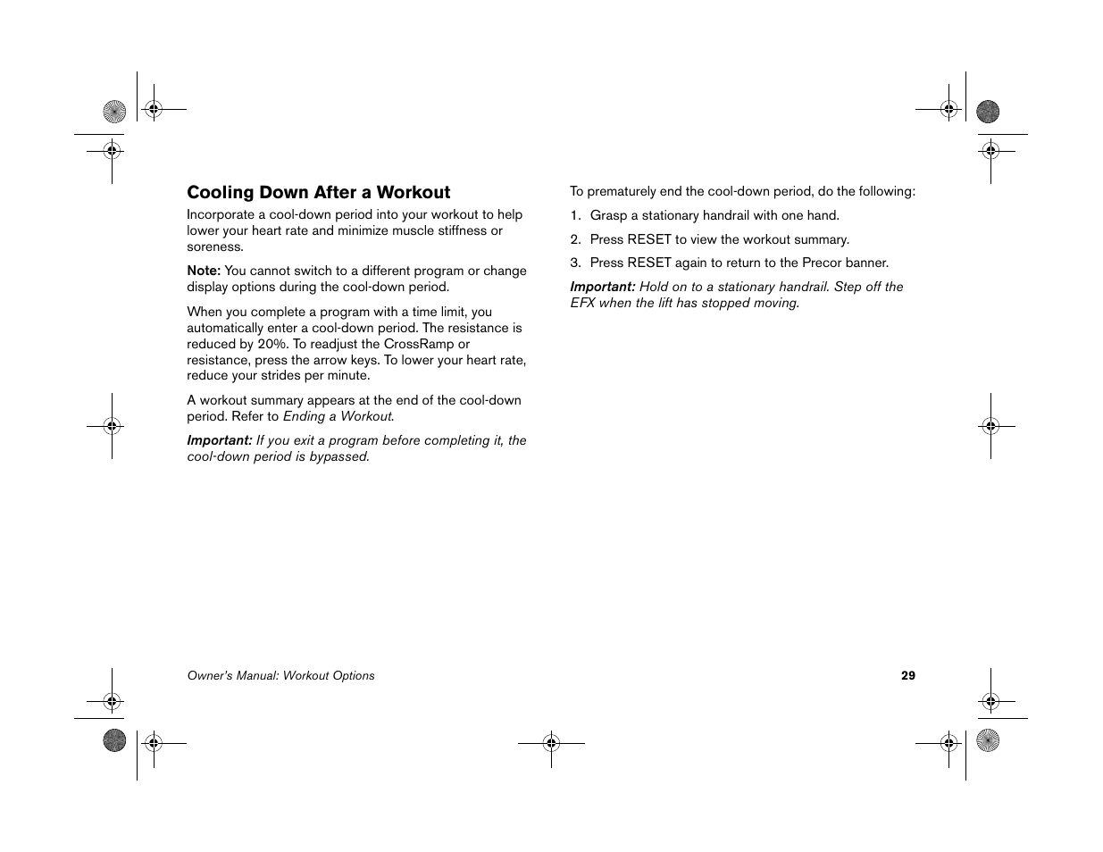 Cooling down after a workout | Precor EFX 5.25 User Manual | Page 31 / 56